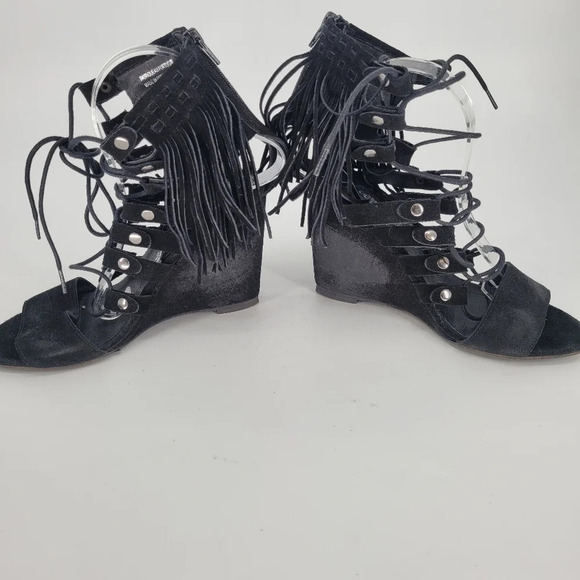 FREE People fringe stud suede wedge heels black shoes 39 US 9 - Picture 5 of 15